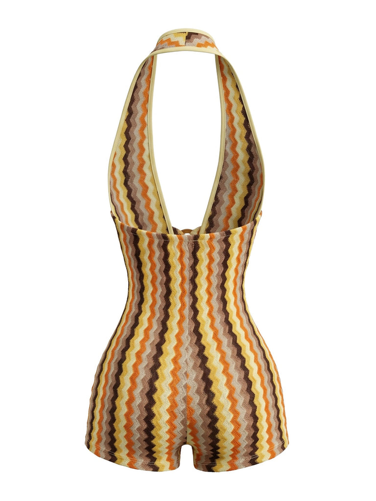 Combishort Dos-Nu Col V Profond Tricot Zig-Zag Multicolore Années 70