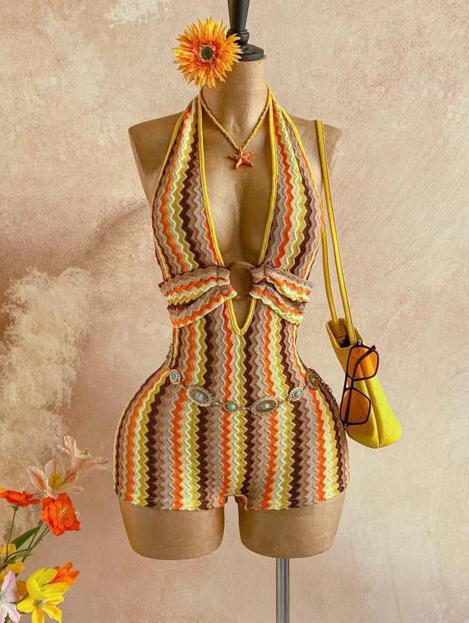 Combishort Dos-Nu Col V Profond Tricot Zig-Zag Multicolore Années 70