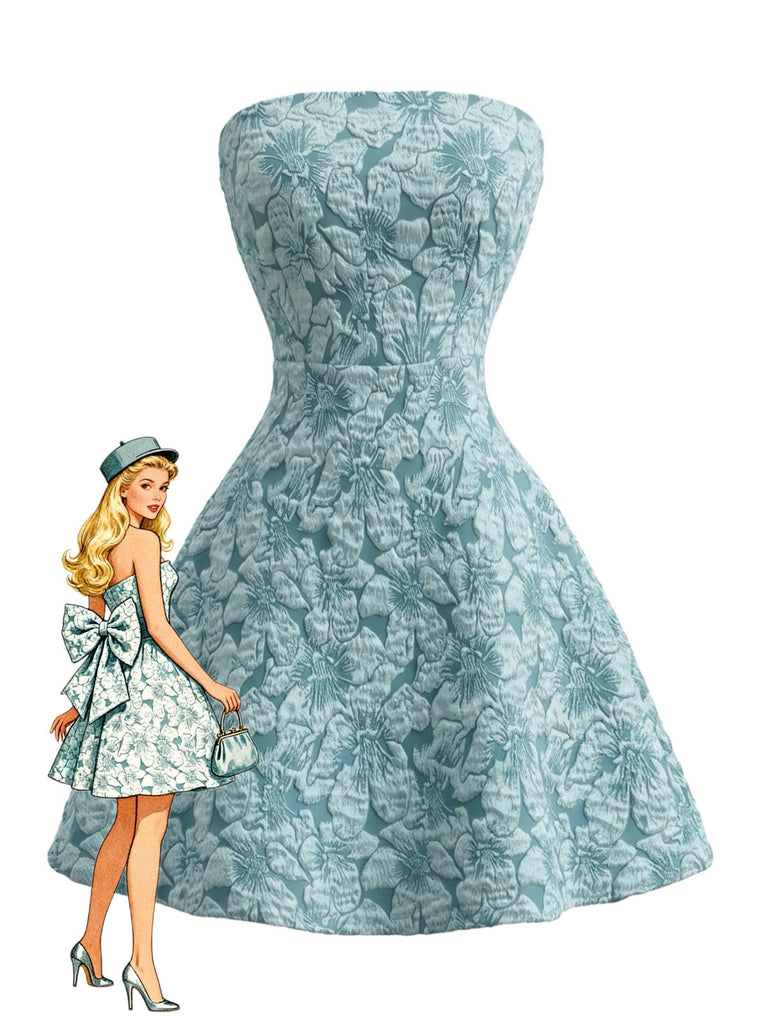 Robe Mini Bustier Nœud Dos Jacquard Floral Bleu années 60