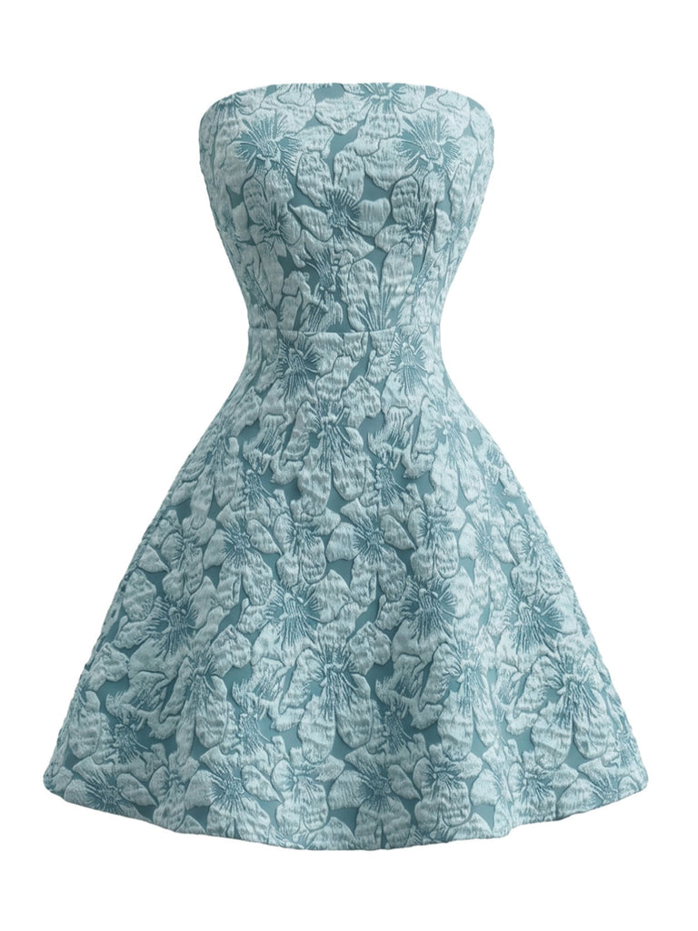Robe Mini Bustier Nœud Dos Jacquard Floral Bleu années 60 2