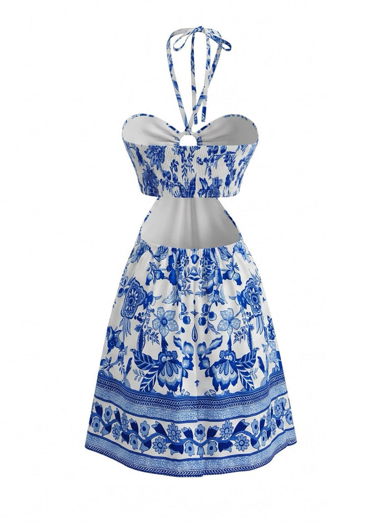 Robe Dos-Nu Ajourée Floral Bleu Cobalt Années 50