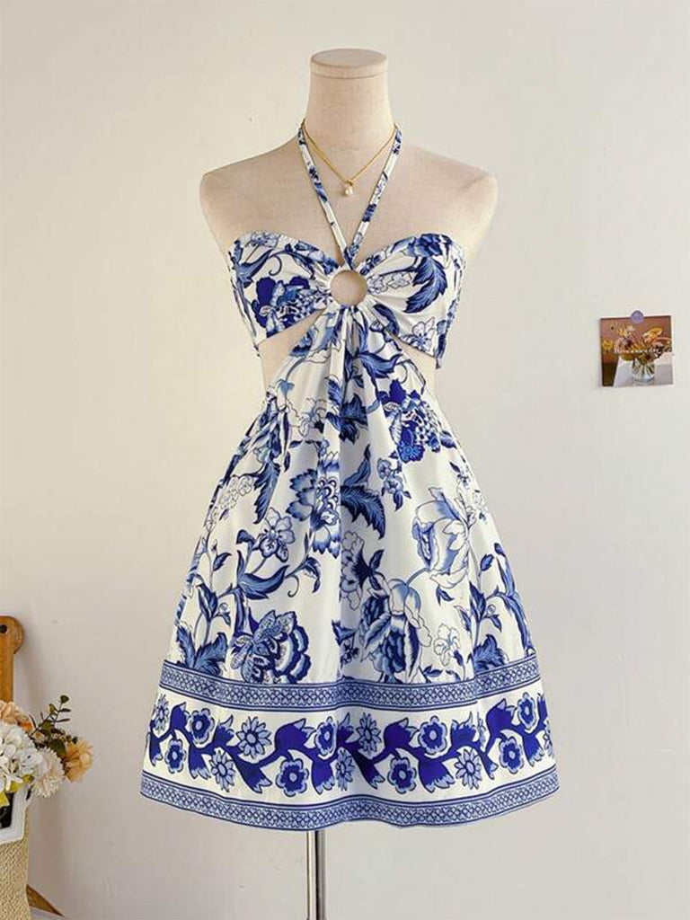 Robe Dos-Nu Ajourée Floral Bleu Cobalt Années 50