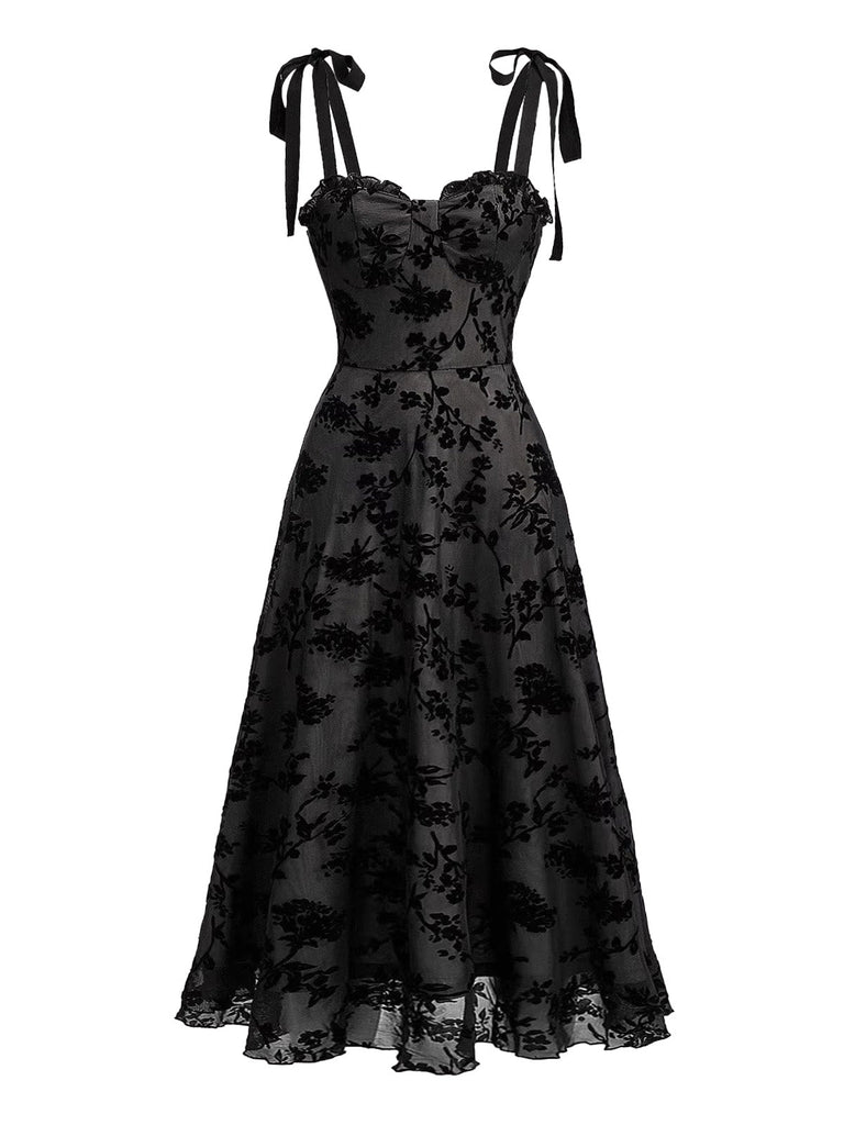 Robe Floral Velours Mi-Longue Bretelle Nœud Noir Années 1950