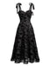 Robe Floral Velours Mi-Longue Bretelle Nœud Noir Années 1950