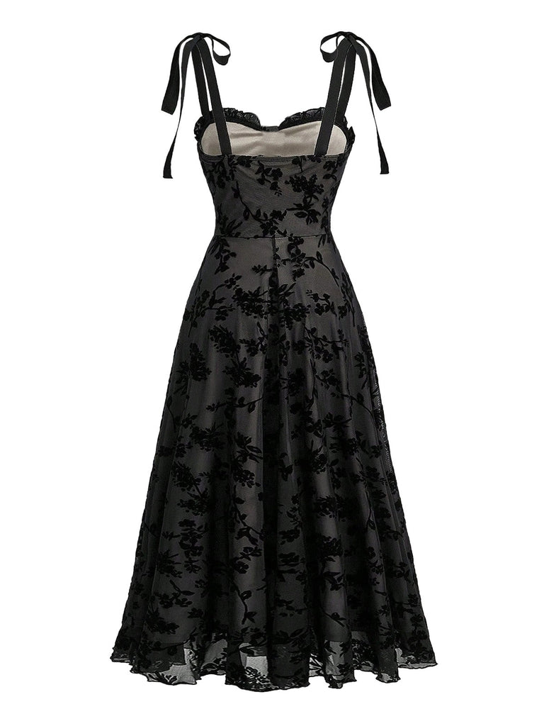 Robe Floral Velours Mi-Longue Bretelle Nœud Noir Années 1950 2
