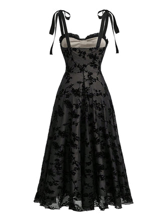 Robe Floral Velours Mi-Longue Bretelle Nœud Noir Années 1950 2