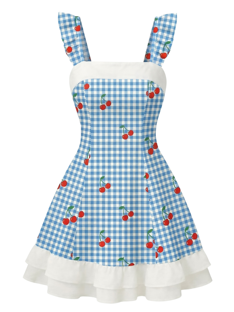 [Prévente] Robe Bretelles à Volants Cerises Vichy Bleu années 60