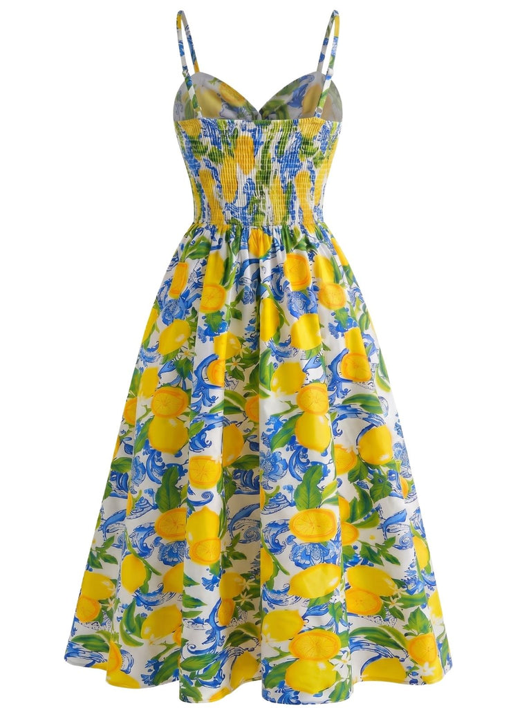 Robe Citron Imprimé Bretelles Spaghetti Évasé Années 1940 2