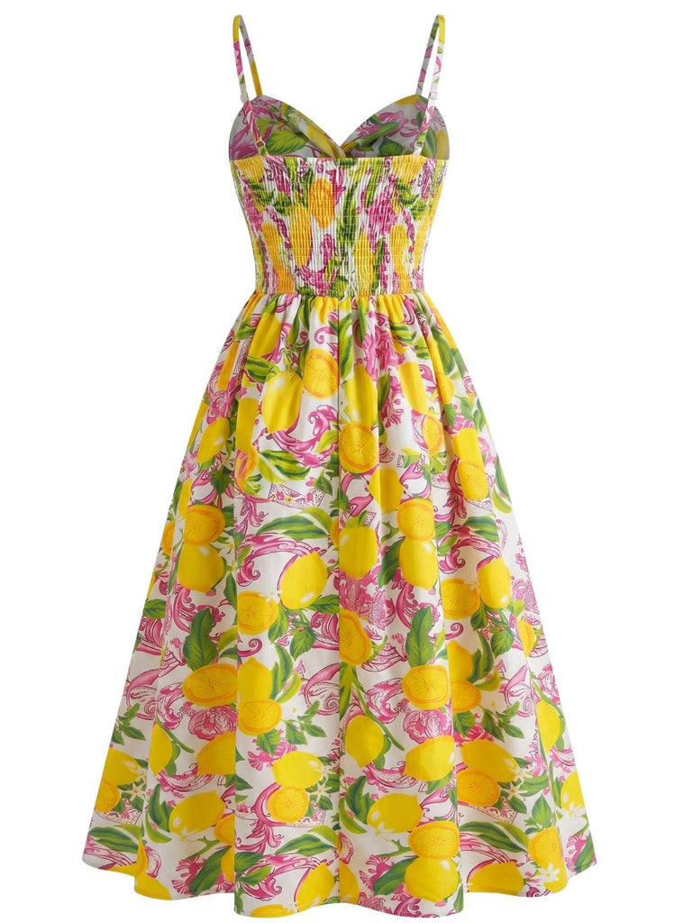 Robe Citron Imprimé Bretelles Spaghetti Évasé Années 1940 3