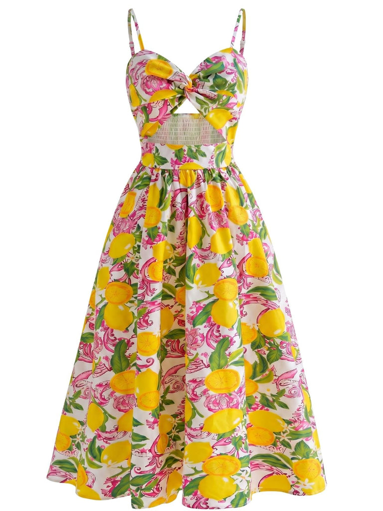Robe Citron Imprimé Bretelles Spaghetti Évasé Années 1940 4