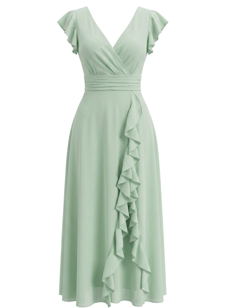 Robe Vert en Mousseline à Volants Col V en A Menthe Années 1930