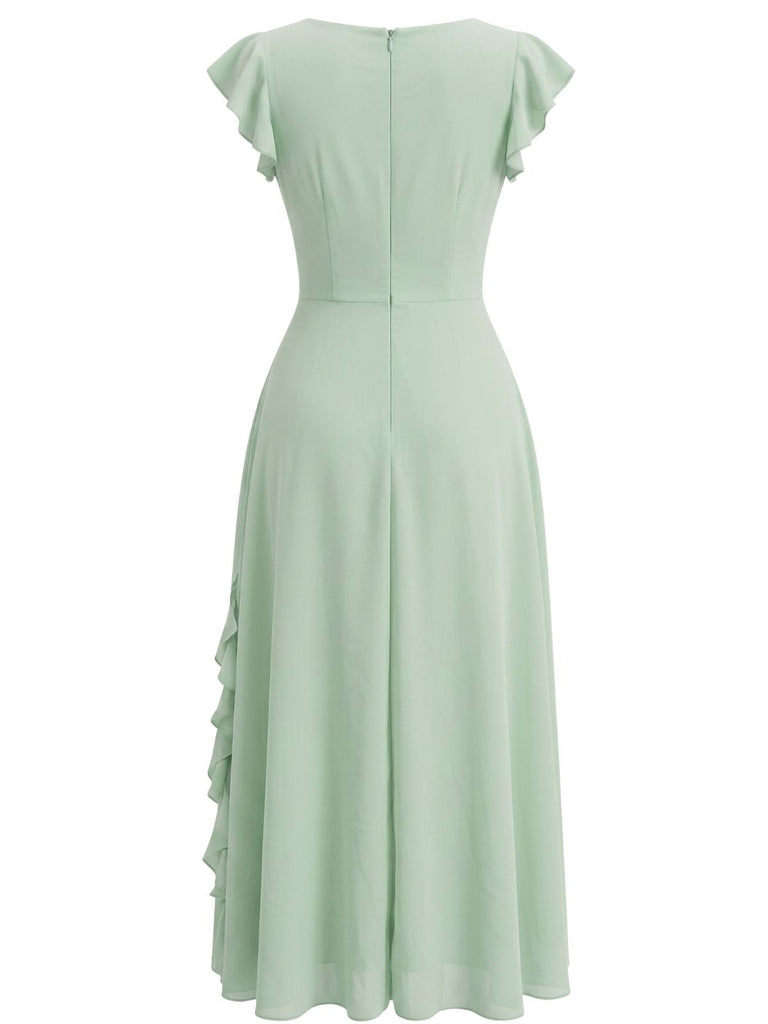 Robe Vert en Mousseline à Volants Col V en A Menthe Années 1930 2