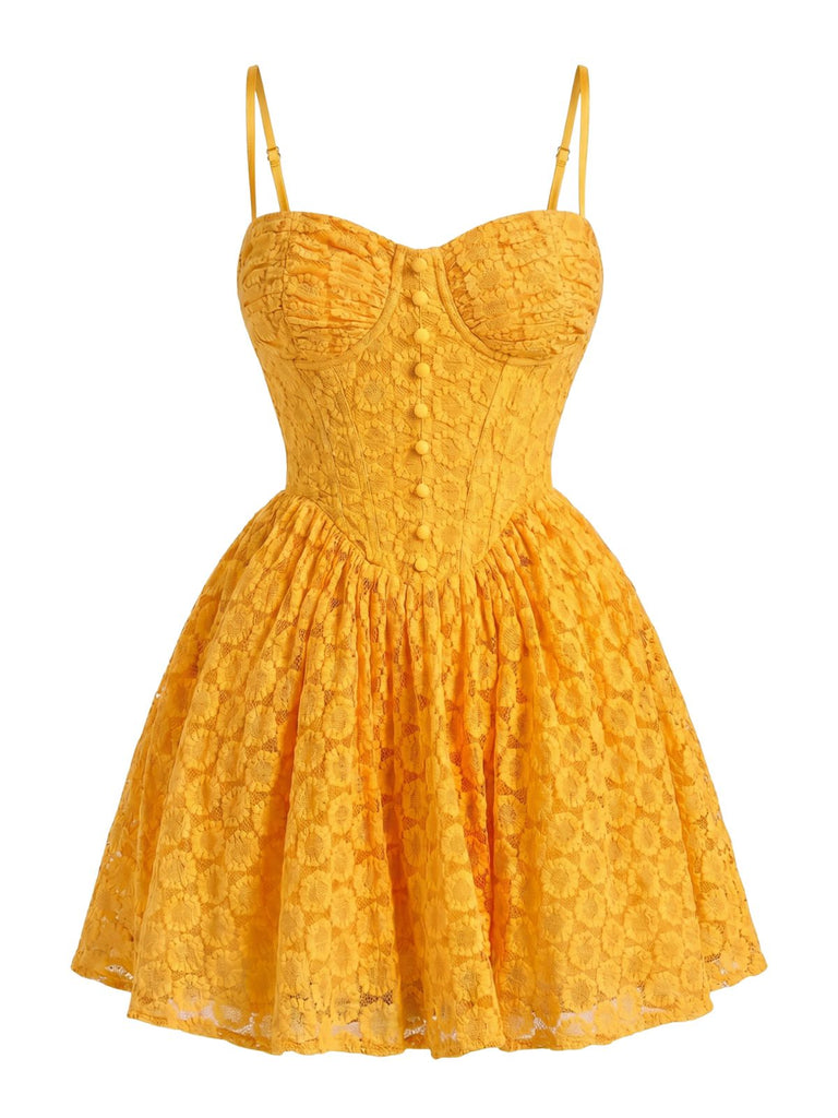 Robe Dos Nu Broderie Florale en Dentelle Curcuma Années 1950 2