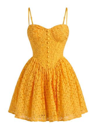 Robe Dos Nu Broderie Florale en Dentelle Curcuma Années 1950 2