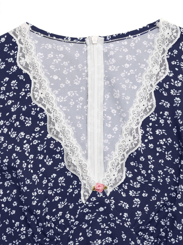 Robe Floral en Dentelle Col V Patchwork Bleu Foncé Années 1940 3
