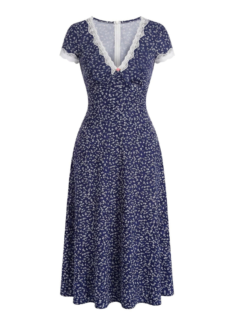 Robe Floral en Dentelle Col V Patchwork Bleu Foncé Années 1940