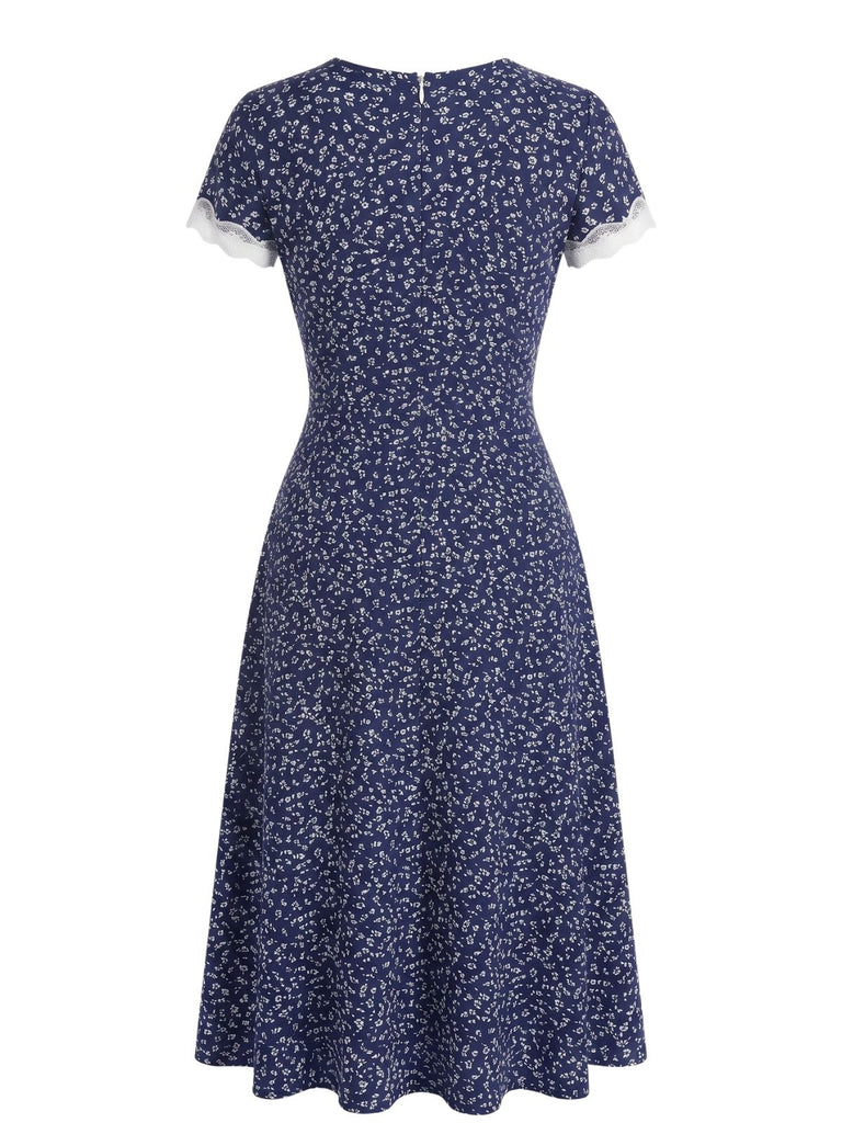 Robe Floral en Dentelle Col V Patchwork Bleu Foncé Années 1940 2