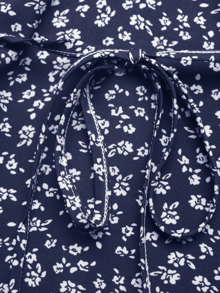 Robe Floral en Dentelle Col V Patchwork Bleu Foncé Années 1940 5