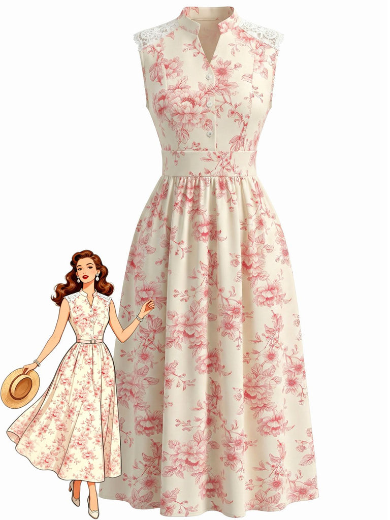 Robe Midi Dentelle Col Montant Floral années 40