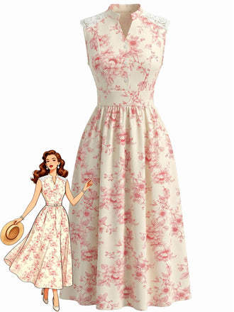 Robe Midi Dentelle Col Montant Floral années 40