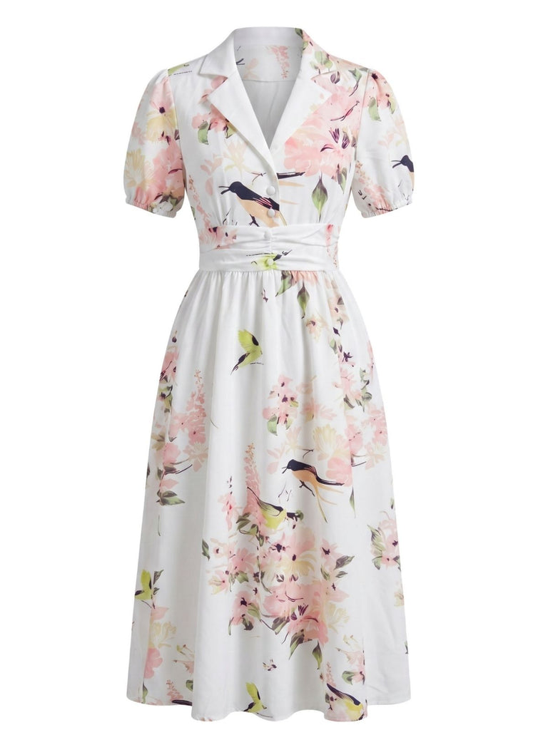 Robe Lapel Floral Hummingbird Imprimé Froncé Waist Années 1950
