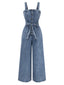 Combinaison bleue denim boutonnée larges bretelles et ceinture années 30
