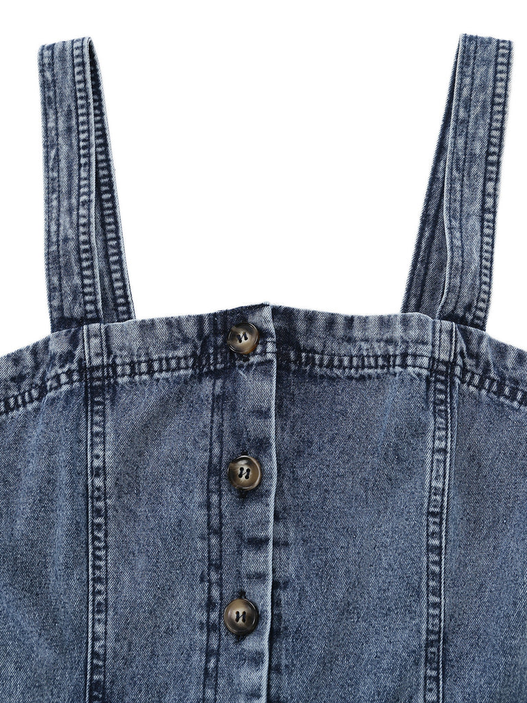 Combinaison Denim Larges Bretelles Ceinturée Boutonné Bleue Années 1930 3