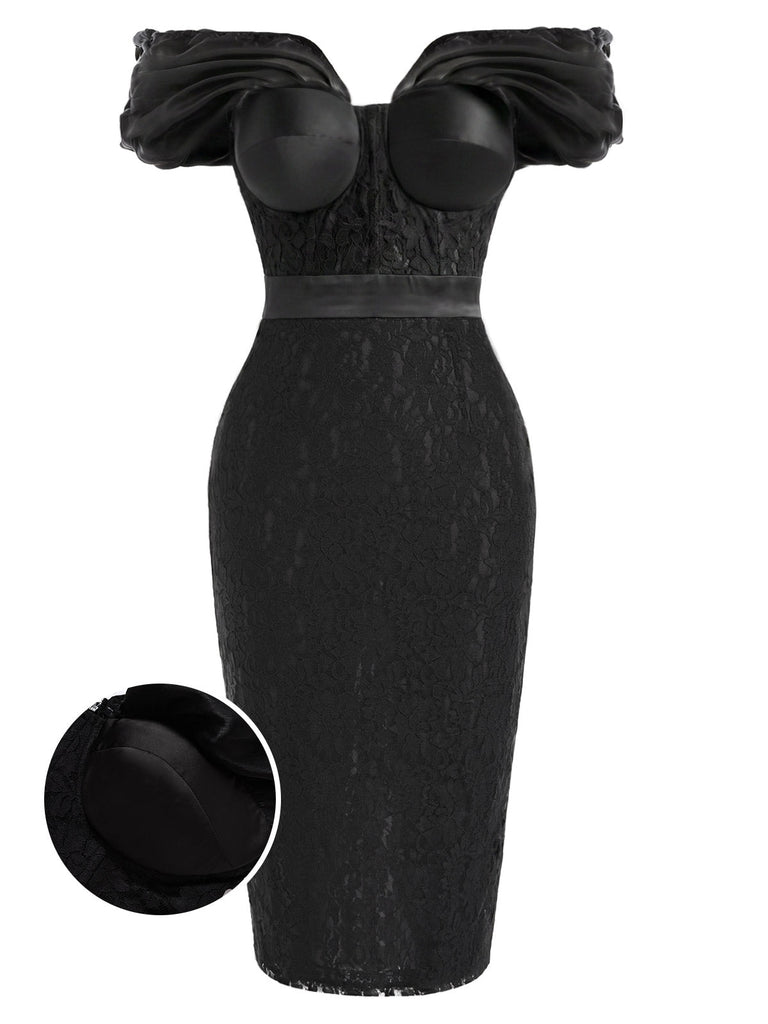 [Prévente] Robe Noir Floral Dentelle Épaules Dénudées Crayon Midi Années 1960