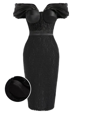 [Prévente] Robe Noir Floral Dentelle Épaules Dénudées Crayon Midi Années 1960