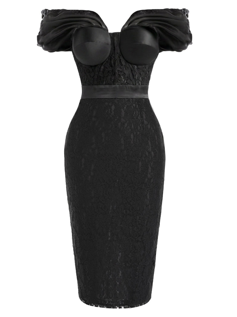 [Prévente] Robe Noir Floral Dentelle Épaules Dénudées Crayon Midi Années 1960