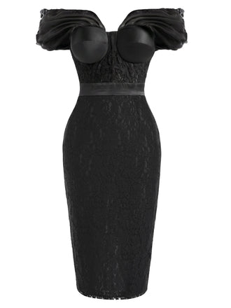 [Prévente] Robe Noir Floral Dentelle Épaules Dénudées Crayon Midi Années 1960