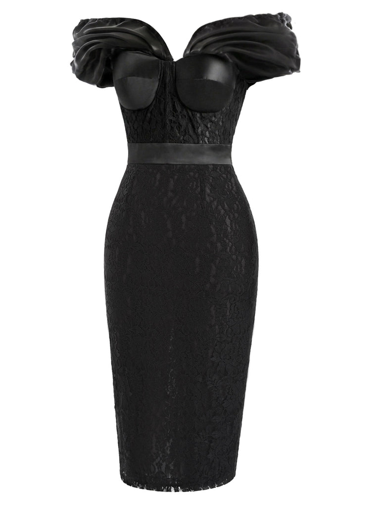 [Prévente] Robe Noir Floral Dentelle Épaules Dénudées Crayon Midi Années 1960
