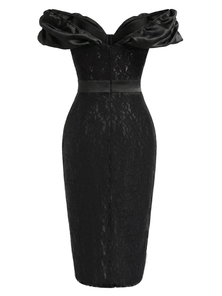 [Prévente] Robe Noir Floral Dentelle Épaules Dénudées Crayon Midi Années 1960