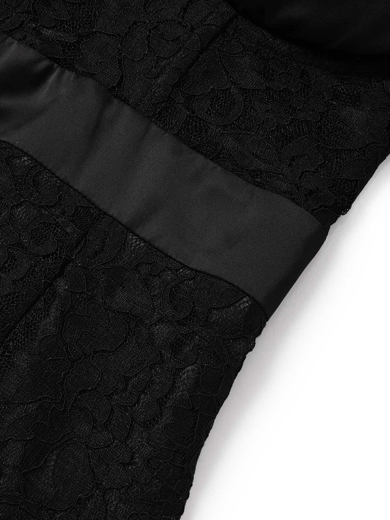 [Prévente] Robe Noir Floral Dentelle Épaules Dénudées Crayon Midi Années 1960