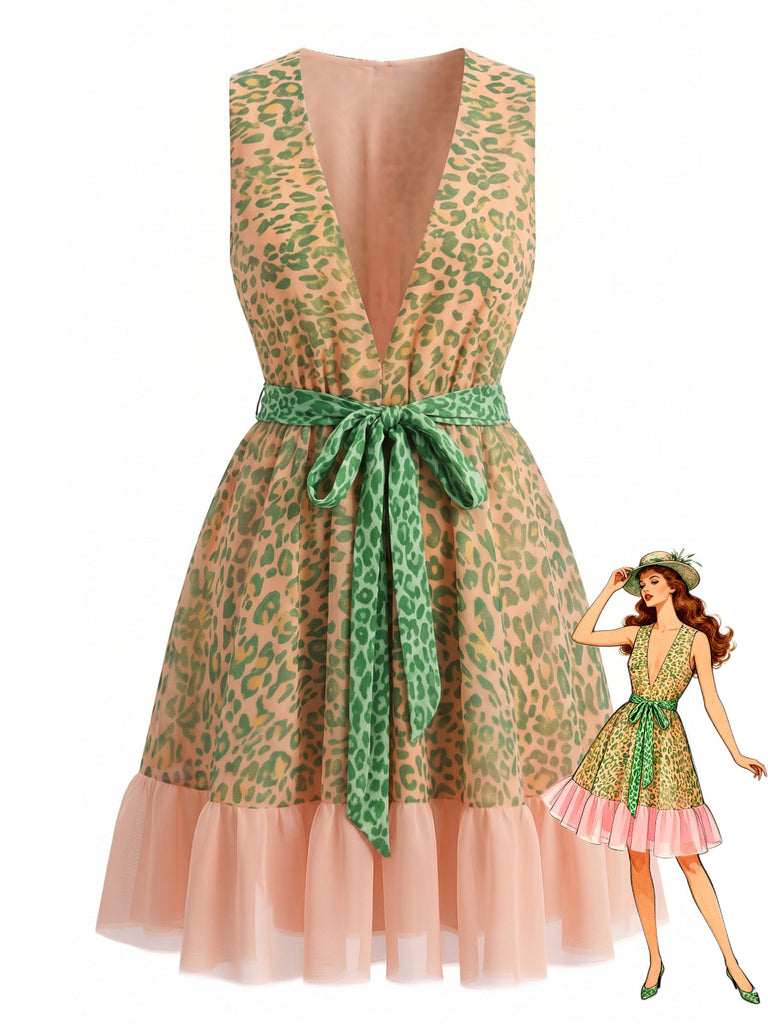 Robe en Tulle Sans Manches Col en V Ceinturée Léopard Vert années 50