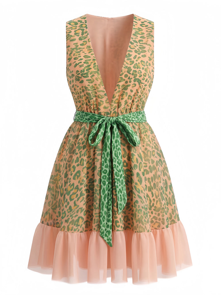 Robe en Tulle Sans Manches Col en V Ceinturée Léopard Vert années 50 3