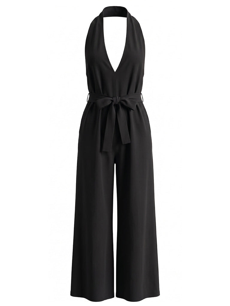 Combinaison à Jambes Larges Halter Col V Profond Ceinturée Unie Années 1930 4