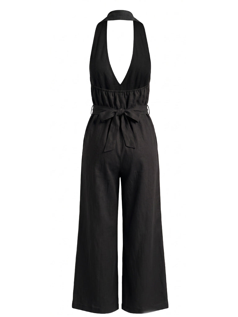 Combinaison à Jambes Larges Halter Col V Profond Ceinturée Unie Années 1930 5