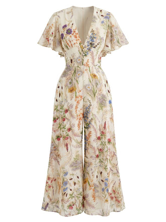 [Prévente] Combinaison Floral Col V en Mousseline Manches Papillon Multicolore Années 1950 2