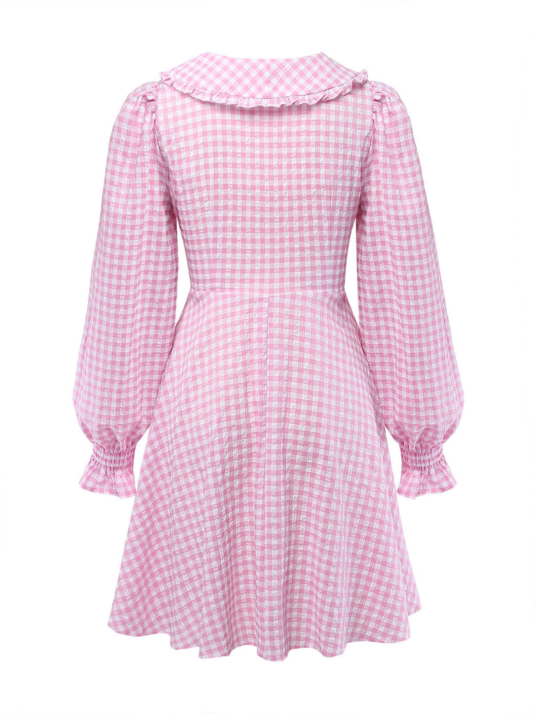 Robe à Revers Manches Bouffantes Volantées Vichy Rose Années 50