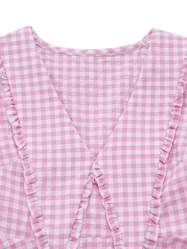 Robe à Revers Manches Bouffantes Volantées Vichy Rose Années 50