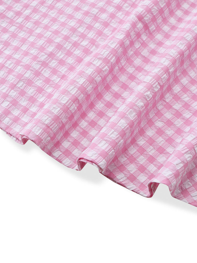 Robe à Revers Manches Bouffantes Volantées Vichy Rose Années 50