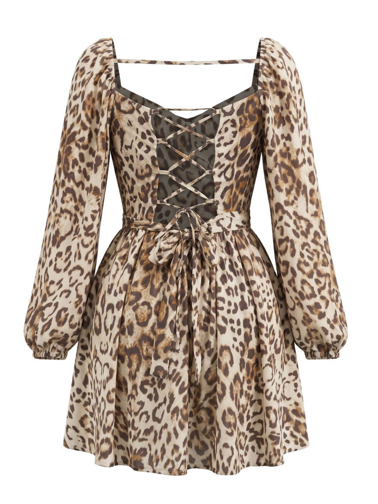 Robe Dos Nu à Manches Longues Col Carré Léopard Marron Années 1950 3