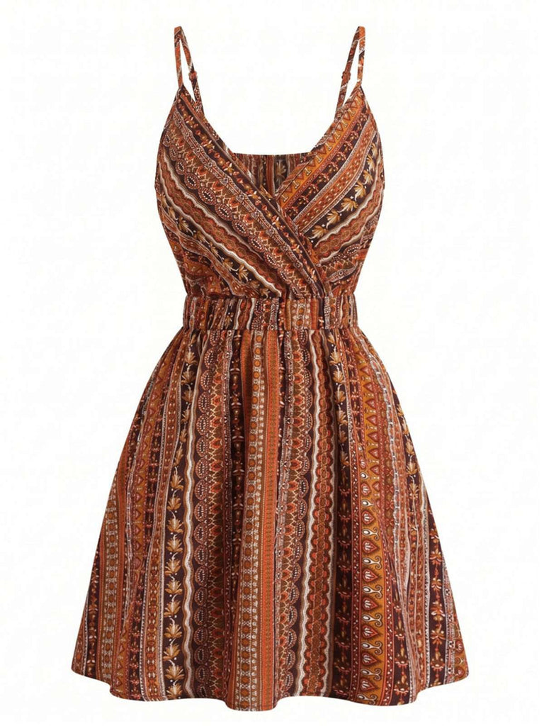 Mini-robe rayée bohème col V années 70