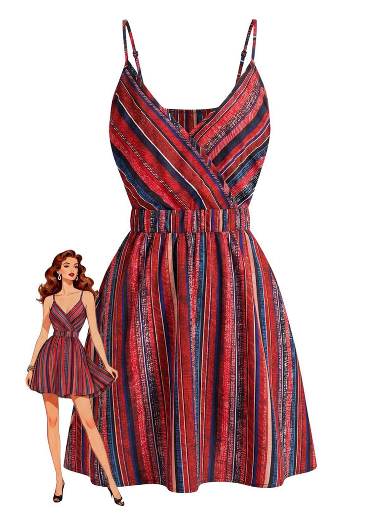 Mini-robe rayée bohème col V années 70
