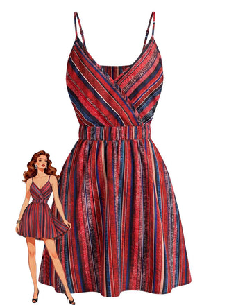 Mini-robe rayée bohème col V années 70