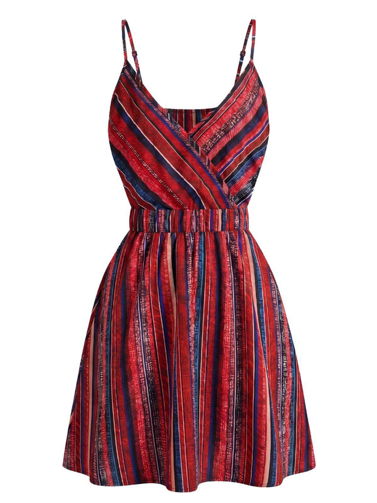 Mini-robe rayée bohème col V années 70