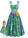 Robe à Bretelles Spaghetti Florale Peinture à l'Huile Verte Années 1950