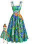 Robe verte fines bretelles motif iris peint l'huile années 1950