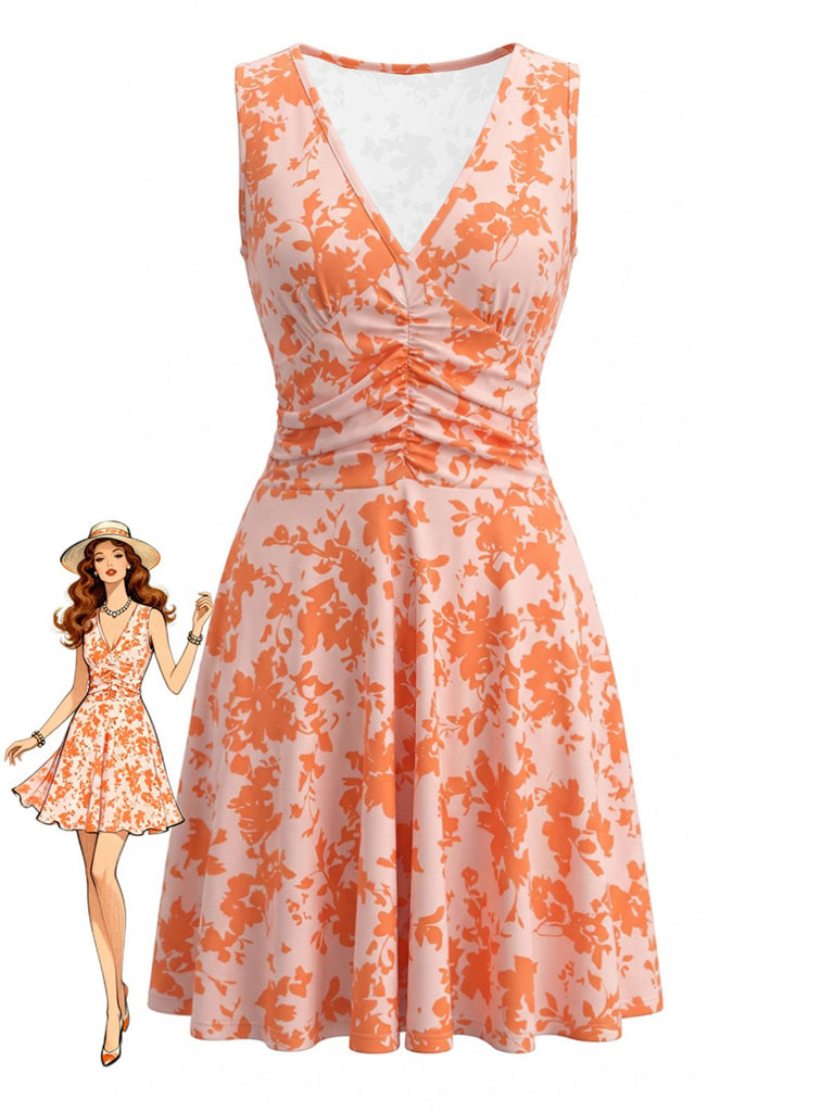 Robe Sans Manches Col V Imprimé Floral Orange Années 1970